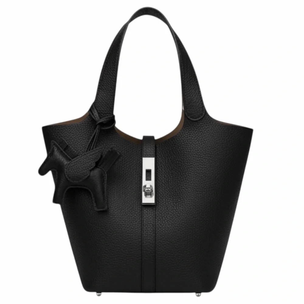 TU.Luxe Black Vegan Leather Bucket Tote w/ Pouch & Charm - Hermes-Similar Style